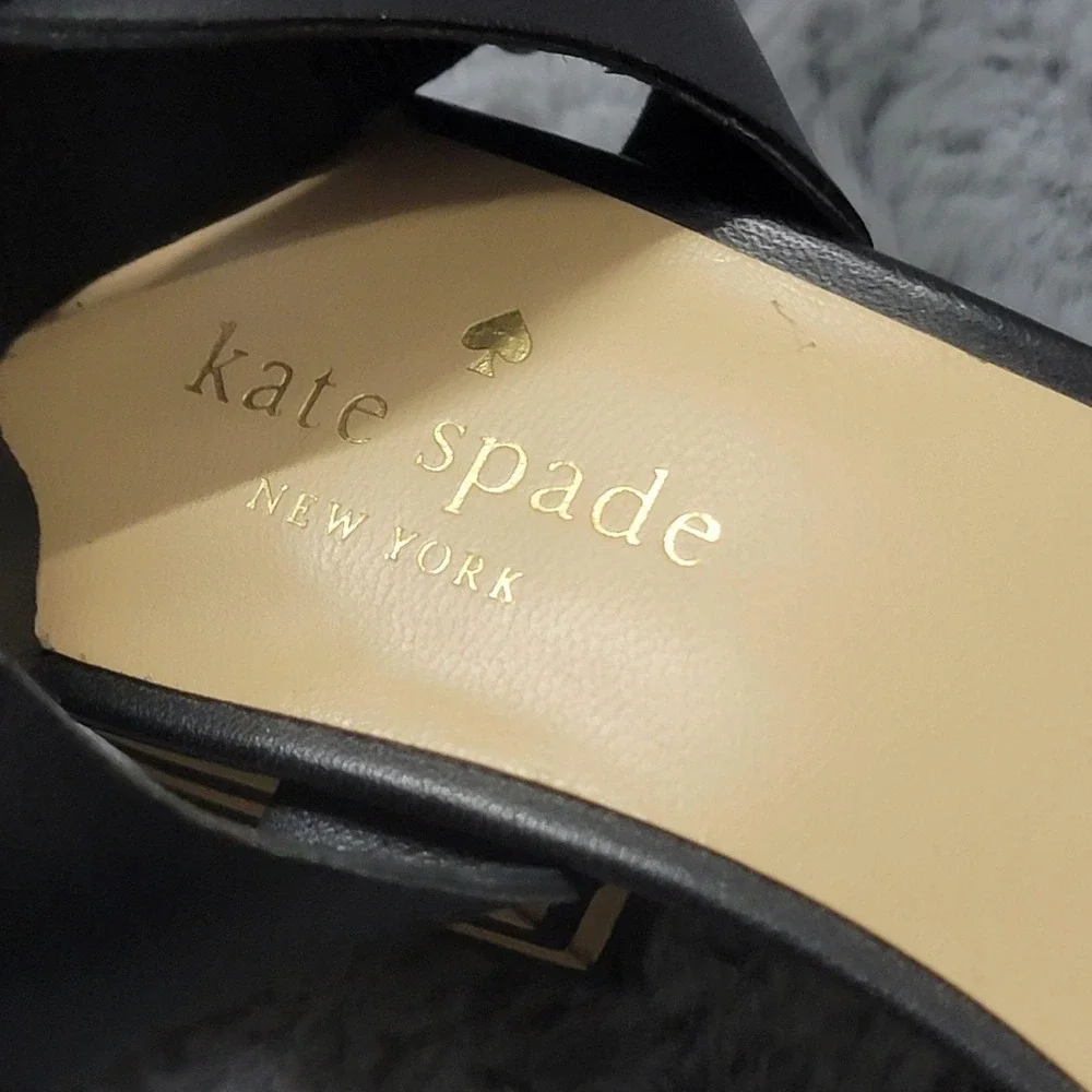 Kate Spade Sandals Womens 7 Black Strappy Leather Block Heel Striped Ankle Strap